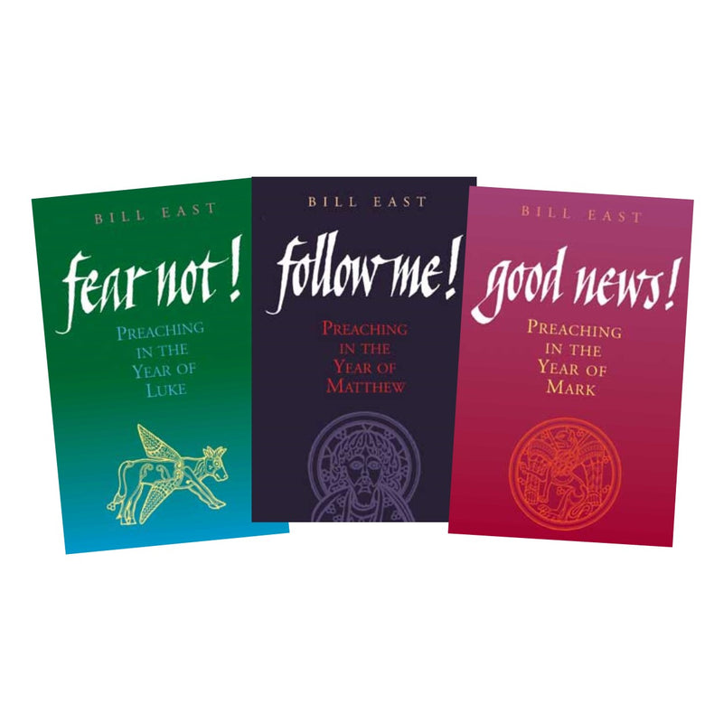 A collection of books relating to the Scripture including Bill East's Fear Not, Follow Me and Good News